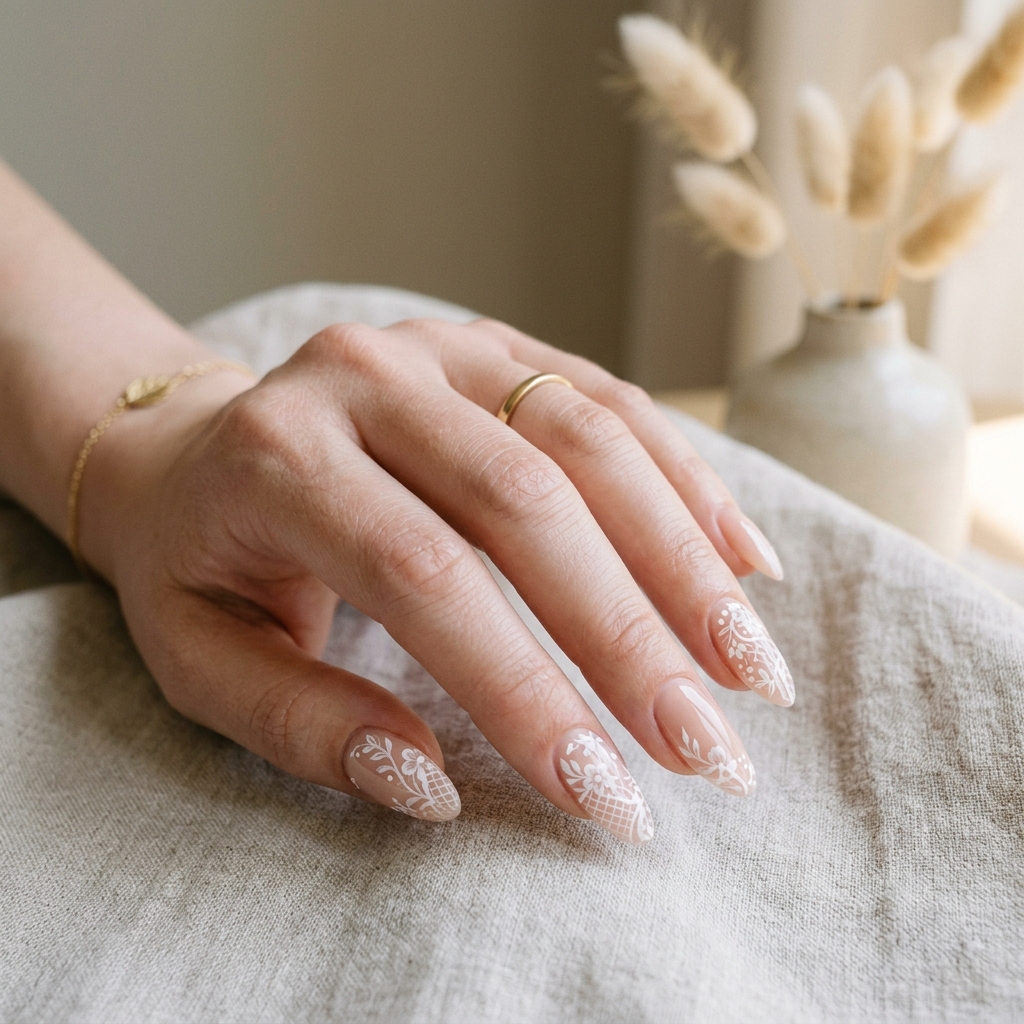 Delicate almond shaped extensions with floral lace art