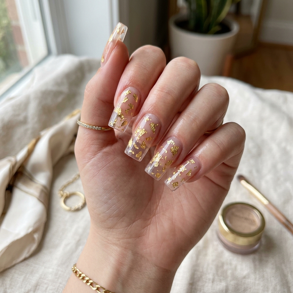 Polygel extensions with embedded gold foil