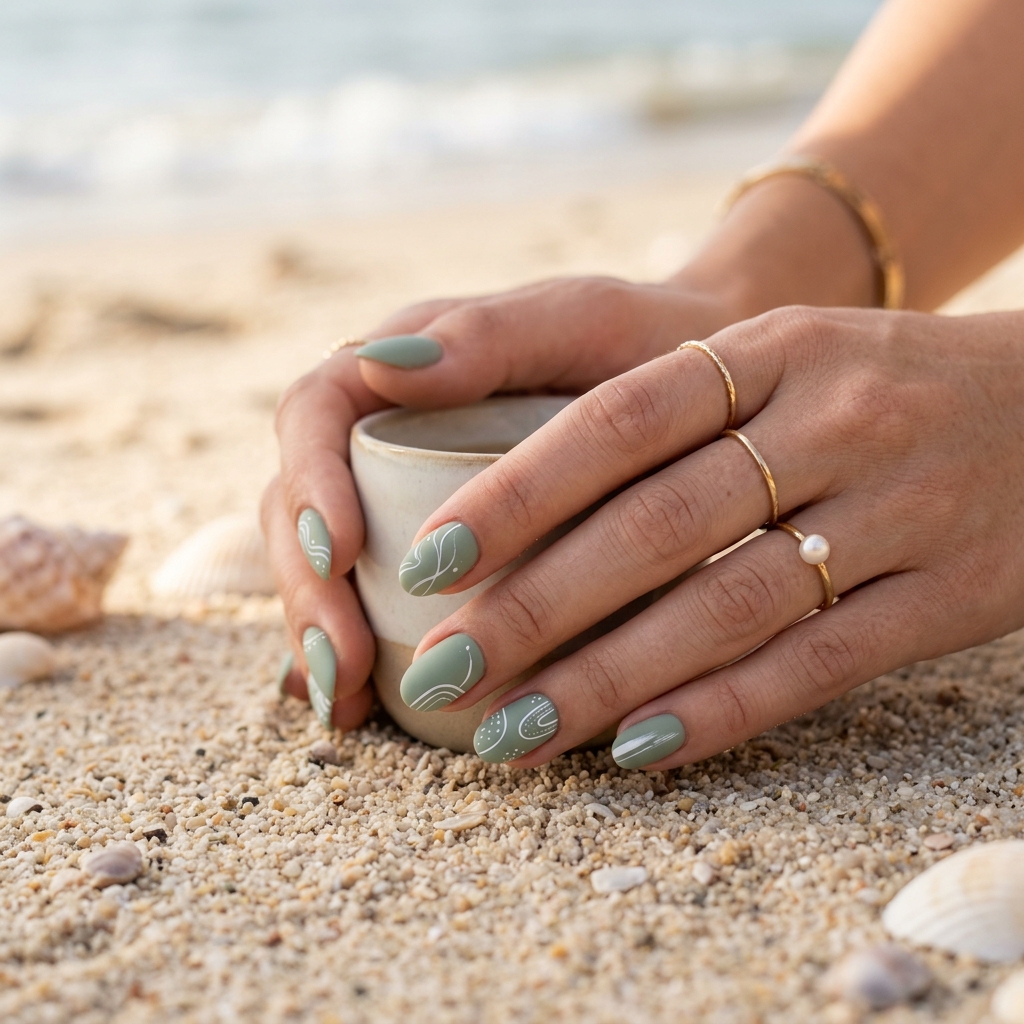 Matte sage green overlay with abstract lines